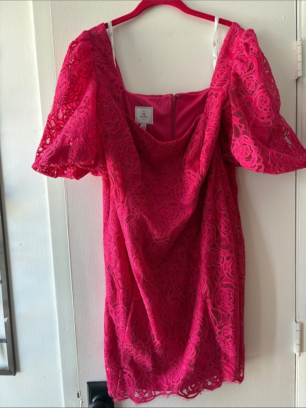 David's Bridal Hot Pink Lace Short Dress with Puff Sleeves